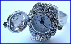 Superbe Ancienne bague réglable montre couleur argent marcassite bijou vintage 1