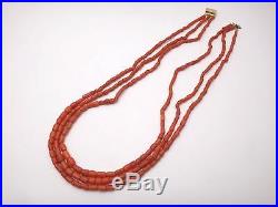 Superbe ancien collier 3 rangs perle de corail rouge fermoir or 18k