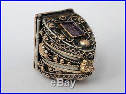 Superbe ancien pendentif boite reliquaire vinaigrette or argent améthyste XIXeme