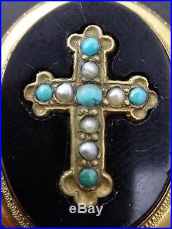 Superbe ancien pendentif reliquaire porte photo onyx pomponne turquoises