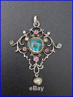 Superbe pendentif ancien argent massif turquoise pierres et perle baroque XIXeme