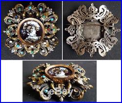Tres belle Broche 19e s miniature en émail Bijou ancien Victorian enamel brooch