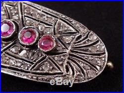 Très belle broche plaque ancienne en argent or diamants rose et rubis Art Deco