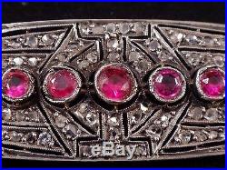 Très belle broche plaque ancienne en argent or diamants rose et rubis Art Deco