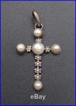 Très belle croix ancienne en argent massif et perles de culture pendentif XIXeme