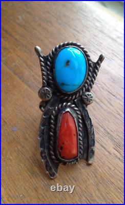 VINTAGE NATIVE AMERICAN INDIAN corail turquoise Sterling Silver Ring old