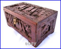 VINTAGE ancien en bois Bijoux Treasure Box carved Scooner voile mer bateau bateaux