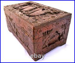 VINTAGE ancien en bois Bijoux Treasure Box carved Scooner voile mer bateau bateaux