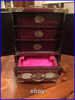 Vieux Chinois PALISSANDRE & LAITON Boîte à bijoux avec 8 sculpté Jade Jade médaillons