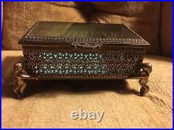 Vintage French Style Ormolu Filigree Footed Jewelry Trinket Box Casket