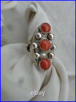 Vintage Navajo Native American Indian Red Coral CAB typologie silver ring Taille 5.5