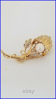 Vintage antique 14k or Jaune Diamant brooch pin leaf flower design avec Pearl