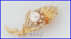 Vintage antique 14k or Jaune Diamant brooch pin leaf flower design avec Pearl